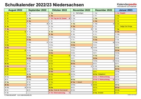 Schulkalender 20222023 Niedersachsen Für Pdf