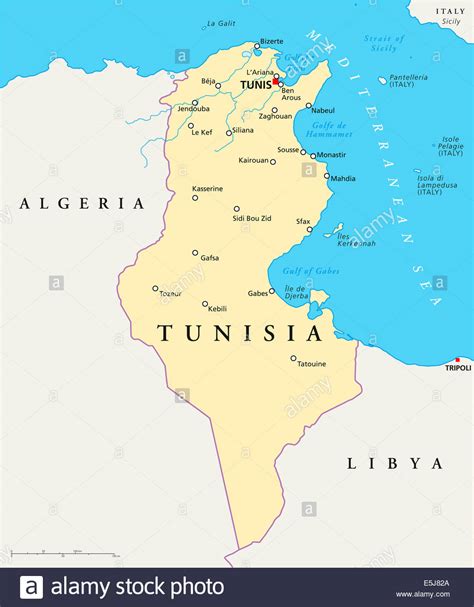 Tunisia Political Map With Capital Tunis National Borders