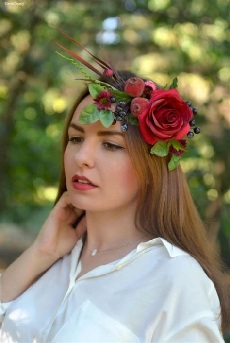 Wedding Flower Crown Pomegranate Floral Headband Adult Red