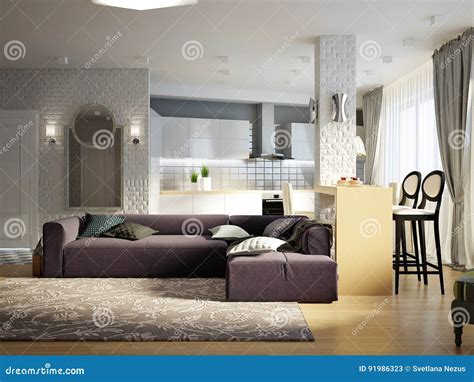 Modern Urban Contemporary Studio Open Living Room, Dining Room Stock
