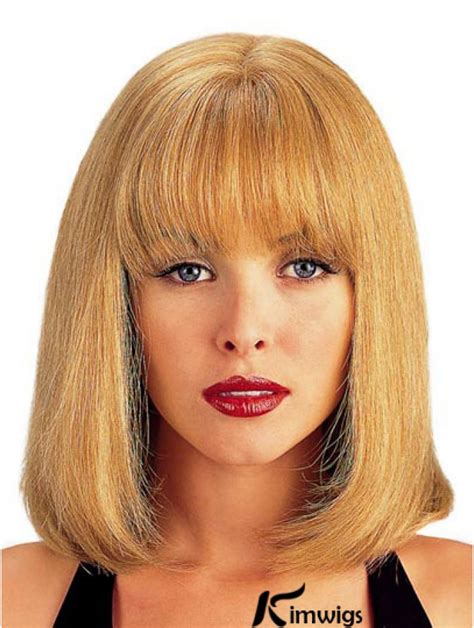 Human Hair Wig Blonde With Bangs Straight Style Shoulder Length