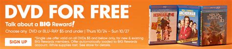 You can earn one purchase per day and per store and a limit of one $5 reward per week. Big Lots Rewards Members - Free DVD or Blu-Ray - FamilySavings