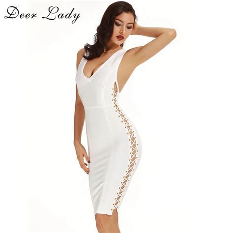 Deer Lady White Bandage Dress 2017 Elegant Bodycon Women Dress Criss Cross Sexy Lace Up Bandage