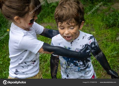 Children Playing Mud Dirty Cloth Messy Face Hands Mud Stains Stock