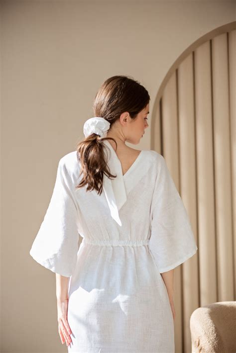 Elegant White Linen Wrap Dress For Woman Midi V Neck Kimono Etsy