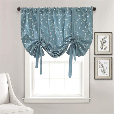 Teal Floral Tie Up Window Curtains Shades Embroidered