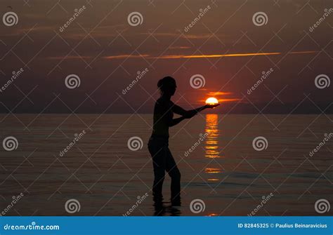 Girl Holding Sun Stock Image Image Of Sunrise Activity 82845325