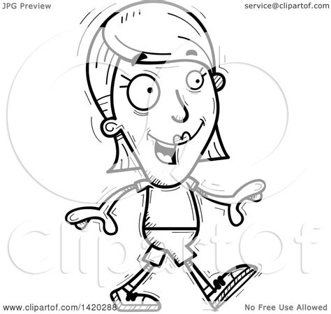 Clipart Of A Cartoon Black And White Lineart Doodled Woman Walking