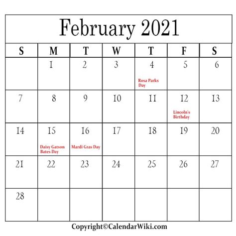 February 2021 Holidays