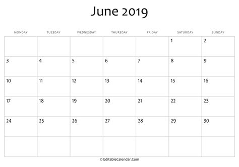 June 2019 Printable Calendar With Holidays