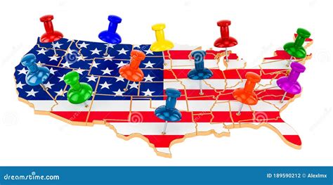 Map Of The United States With Colored Push Pins 3d Rendering Stock