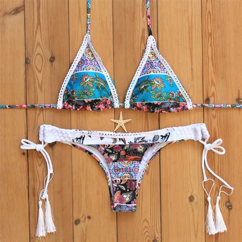 Fringed Bikinis Mini Micro String Thong Swimwear Swimsuit Beach Bikini Sets Tassel Printing
