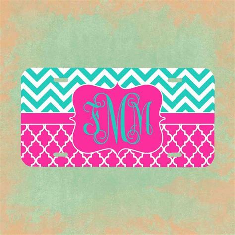 Monogrammed License Plate Teal Chevron Pink Lattice Personalized