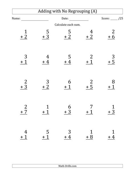 The 25 Single Digit Addition Questions With No Regrouping A Math