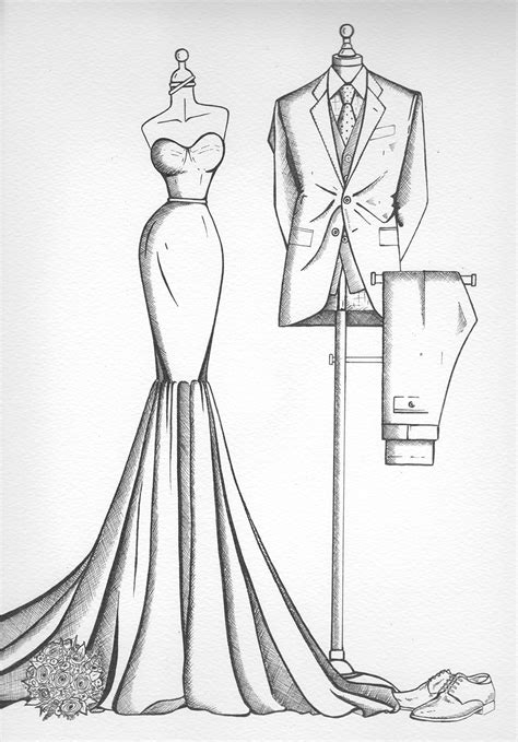 Bride And Groom Sketch Hand Drawn Wedding Dress Ink Fashion