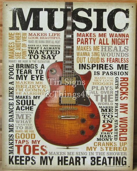 Music Inspires Me Tin Sign Metal Poster Vtg Guitar Wall