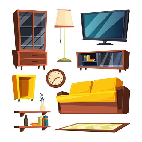 Interior of a living room including the lamp curtains and armchair. Living room furniture items. Vector illustrations in ...