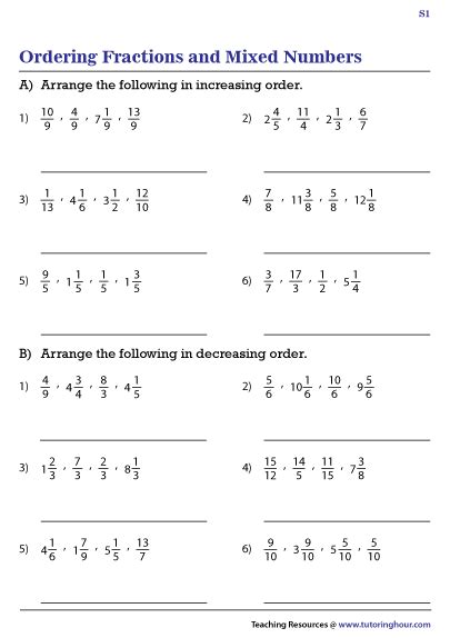 Ordering Fractions Decimals Mixed Numbers Worksheets
