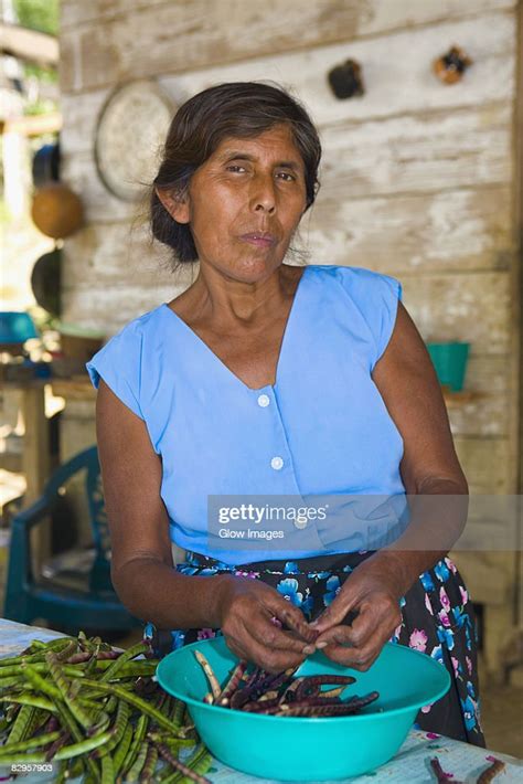 Mature Woman Peeling Beans In A Kitchen Papantla Veracruz Mexico High