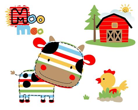Vector Cartoon Of Funny Cow And Chicken With Barn Farm Elements