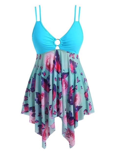 Plus Size O Ring Butterfly Print Mesh Panel Tankini Swimwear In 2022