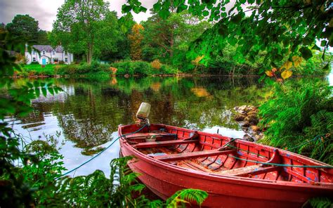 Beautiful Wallpaper Hd Lake Boat House Green Trees Reflection