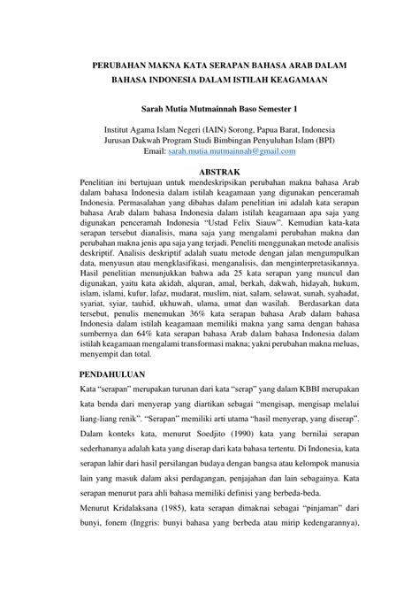Kata serapan bahasa arab yang ada dalam bahasa indonesia beserta makna dan proses penyerapannya. (PDF) PERUBAHAN MAKNA KATA SERAPAN BAHASA ARAB DALAM ...