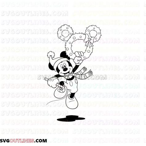 Mickey Mouse Wreath And Candy Cane And Happy Christmas Outline Svg Dxf