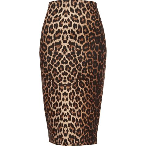 River Island Brown Leopard Print Scuba Pencil Skirt In Brown Lyst