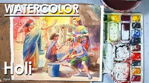 Watercolor Painting A Composition On Holi Festival Of Colors Step