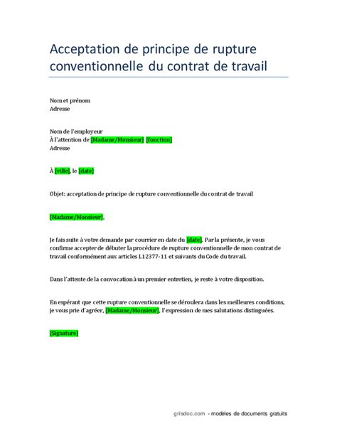 Lettre D Acceptation D Une Rupture Conventionnelle DOC PDF Page Sur