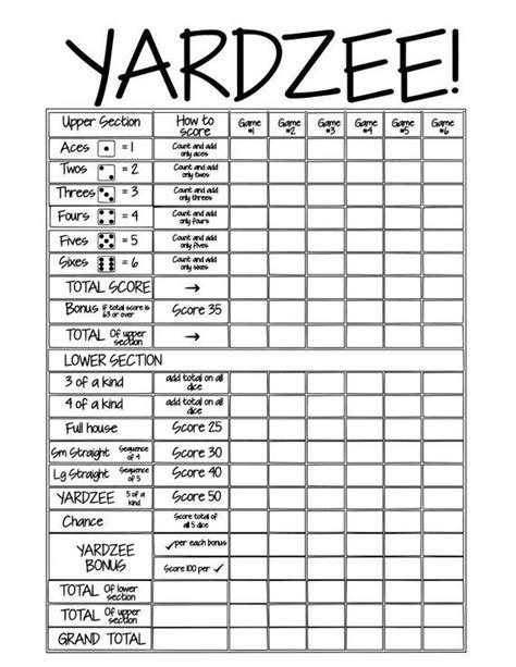 Printable Yardzee Score Card File No Logo Diy Yardzee Scorecard