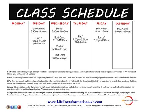 Fitness Class Schedule Life Transformations