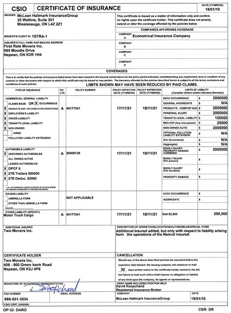 Proof of insurance could be a: Certificate-of-Insurance | First Rate Movers