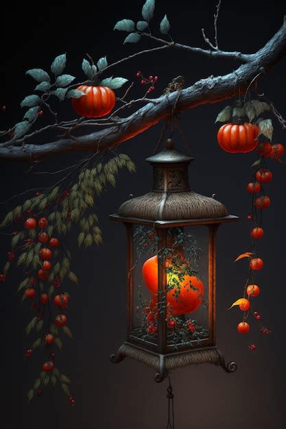 Premium Photo Lantern Hanging From A Tree Filled With Fruit Generative Ai