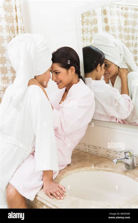 Lesbian Couple Romancing In The Bathroom Stock Photo Alamy