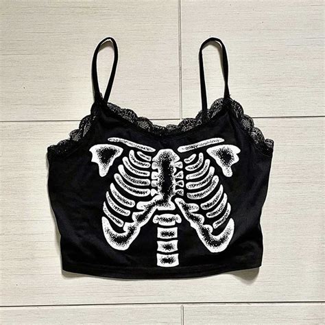 Top Skeleton Ribcage Alternative Cami Lace Graphic To Gem