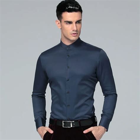 2018 New Mandarin Collar 100 Cotton Long Sleeves Men Dress Shirts Men