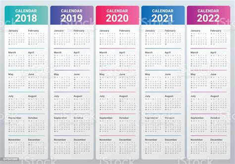 Year 2018 2019 2020 2021 2022 Calendar Vector Stock Illustration