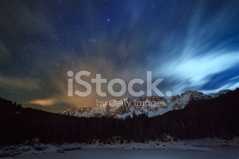 Dolomites Karersee And Latemar With Night Sky Stars Stock Photo
