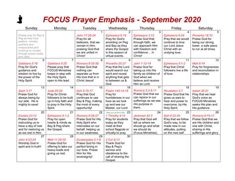 Focus Prayer Calendar Sept 2020 Focus Ministries