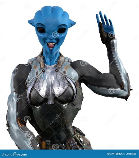 Illustration Of A Muscular Female Alien With Blue Skin Smiling And Waving F Stock Illustration