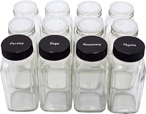 U Pack 12 Pieces Of French Square Glass Spice Bottles 6 Oz Spice Jars With Black Plastic Lids