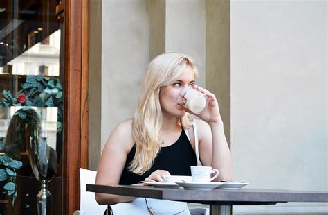 Woman Drinking Coffee Beautiful Blonde Girl Young Woman Cafe