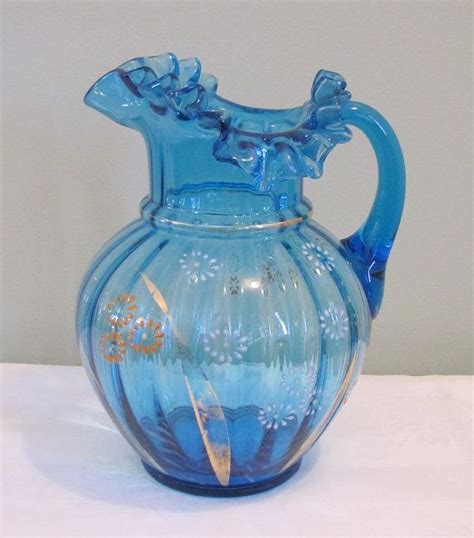 Rp Late Victorian Antique Blue Ruffled Art Glass Pitcher Glass Art Antiques Blue