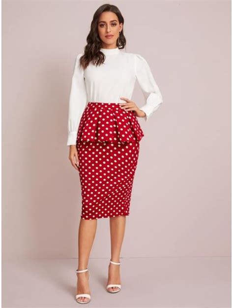 Buy Shein Ruffle Trim Split Back Polka Dot Pencil Skirt Online Topofstyle