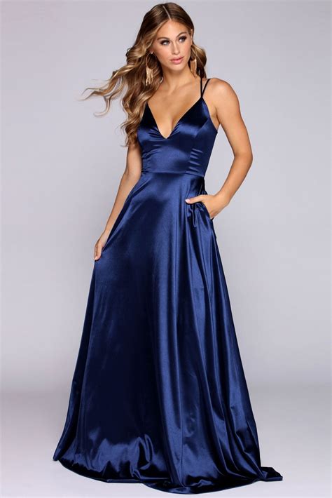 Hailey Navy Blue Satin A Line Formal Dress Prom Dresses Blue Satin