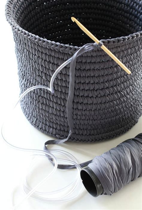 Crochet Basket Made With Tape Yarn Over Plastic Tubing Cestas De