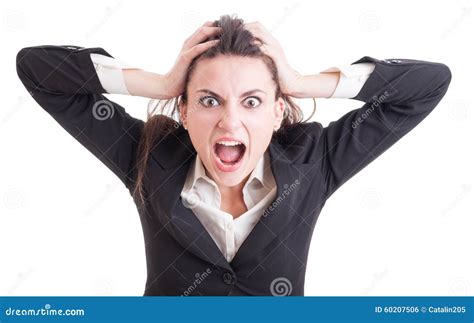 Young Business Woman Acting Crazy After Stress Yelling And Shout Stock