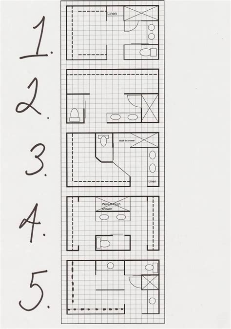 Another design that makes use of tight space, this layout opens directly into the main bathroom area with a sink and the toilet. {Like #1, but would shorten WIC from 7x11 to 7x10, turn ...